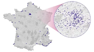 Carte du réseau de la présence des tables publicitaires OOH Médiatables sur 80 villes en France.