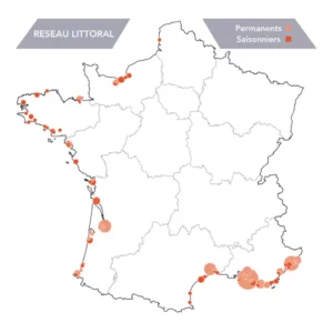 Carte du réseau estival de publicité exterieure outdoor OOH des Mediatables sur 47 villes francaises du littoral.