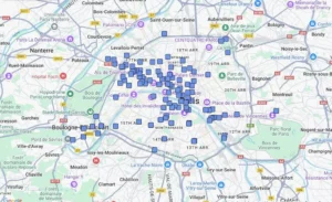 Carte d'un réseau d'affichage de publicité parking de 300 panneaux publicitaires sur plus de 100 lieux de stationnement à Paris.