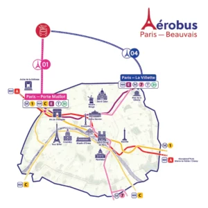 Carte du réseau Aérobus Paris-Beauvais, reliant l'aéroport à Porte Maillot et La Villette via les grands axes parisiens
